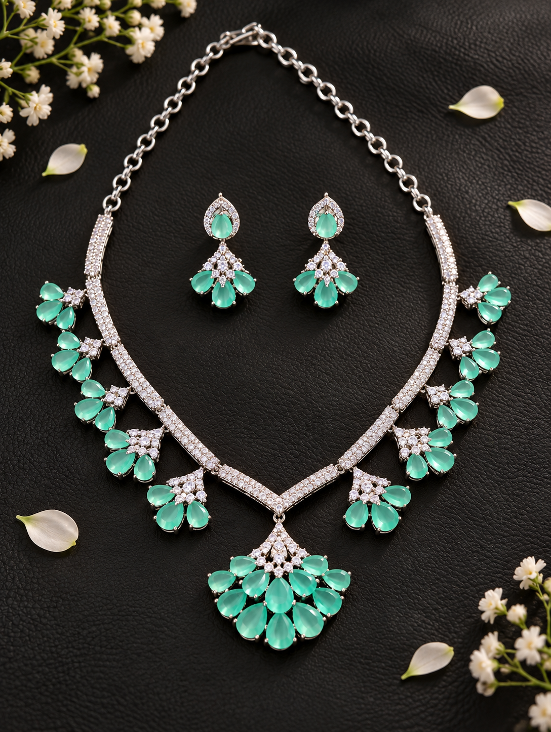 Silver-tone Aqua-Green Necklace Set